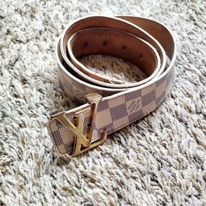 Louis Vuitton Mens Damier Azur Initials Belt 40MM 90 36 Cream Tan Blue Gold Logo
